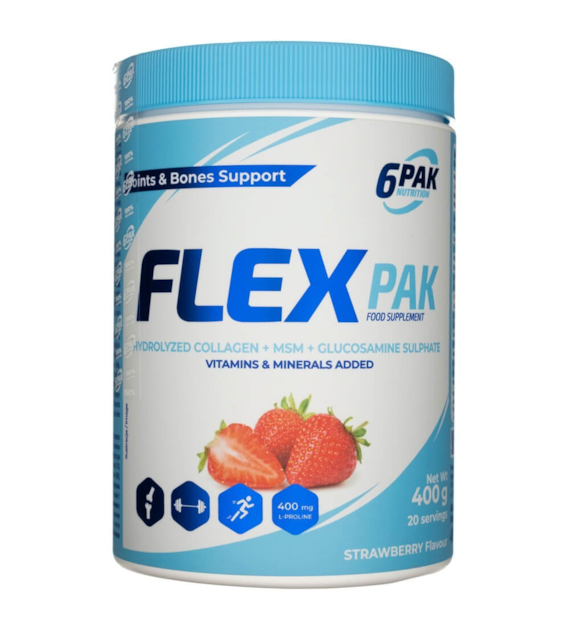 6PAK Kolagen, MSM, Glukozamina Flex Pak, truskawkowy - 400 g