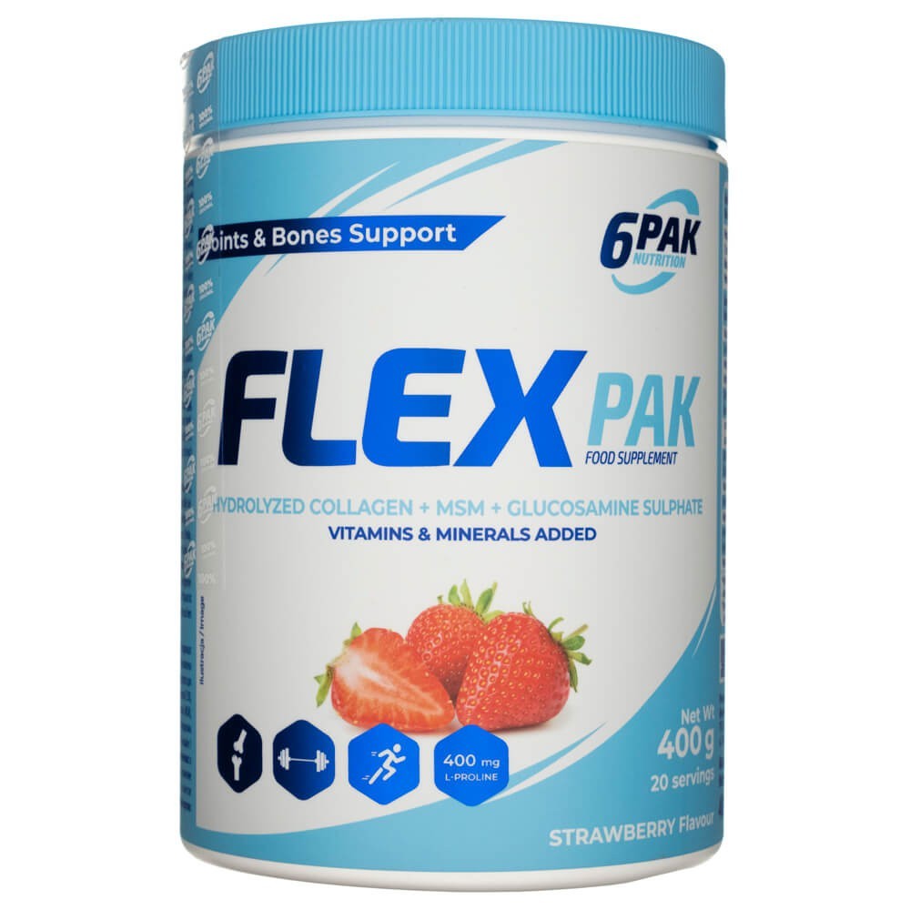 6PAK Kolagen, MSM, Glukozamina Flex Pak, truskawkowy - 400 g