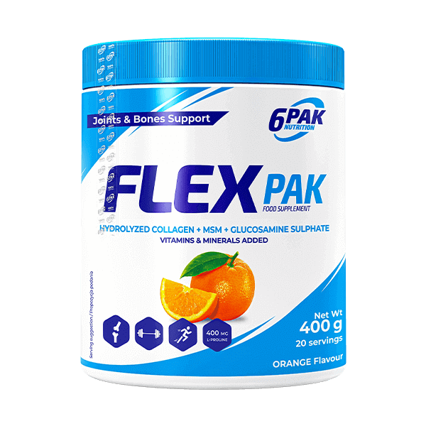 6PAK Kolagen, MSM, Glukozamina Flex Pak, pomarańczowy - 400 g