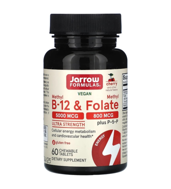 Jarrow Formulas Methyl B-12 5000 mcg & Methyl Folate 800 mcg, smak wiśniowy - 60 pastylek