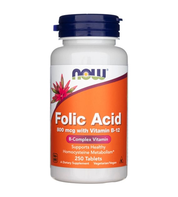 Now Foods Folic Acid (kwas foliowy + witamina B12) 800 mcg - 250 tabletek