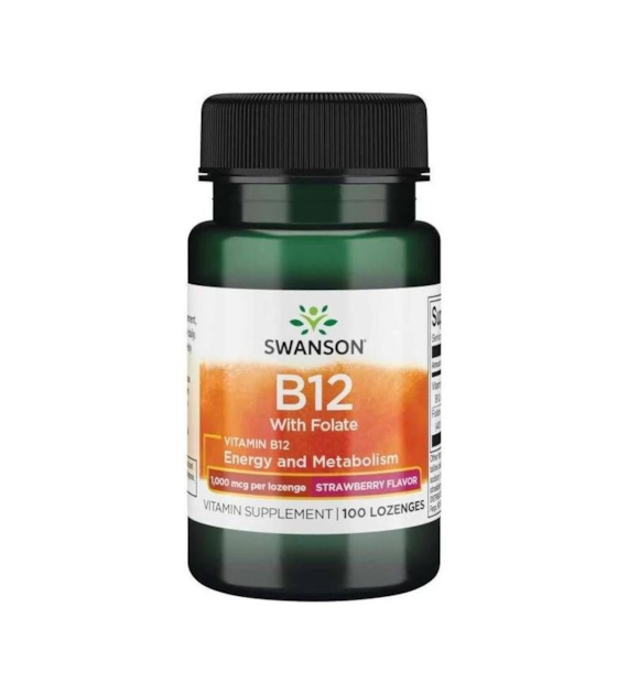 Swanson Witamina B12 1000 mcg + Folian, smak truskawkowy - 100 pastylek do ssania