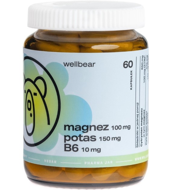 Wellbear Magnez 100 mg + Potas 150 mg + B6 10 mg - 60 kapsułek