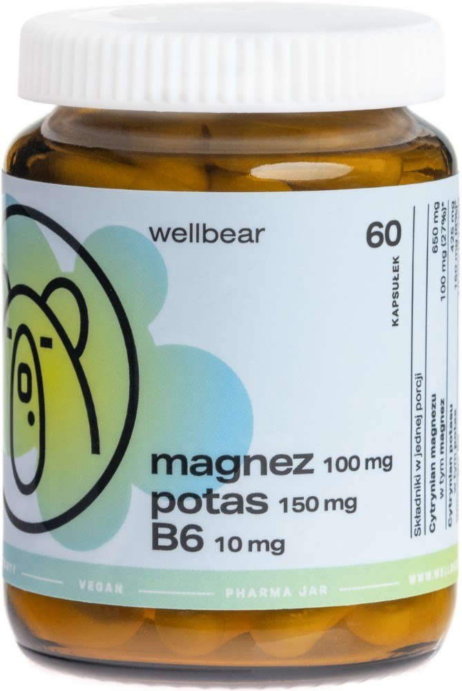 Wellbear Magnez 100 mg + Potas 150 mg + B6 10 mg - 60 kapsułek